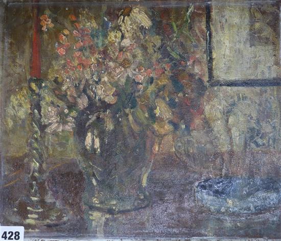 T.E.B. Hitchcock, oil on board, Flower piece, label verso, 31 x 36cm, unframed